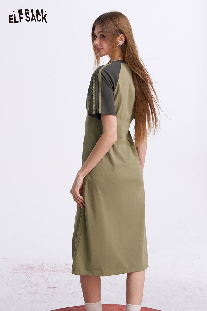 ELFSACK Retro Sporty Midi Dress with Raglan Sleeves