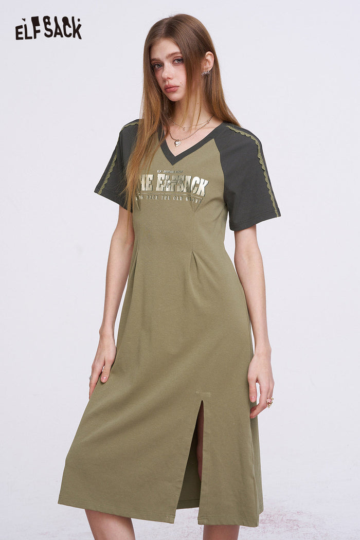 ELFSACK Retro Sporty Midi Dress with Raglan Sleeves