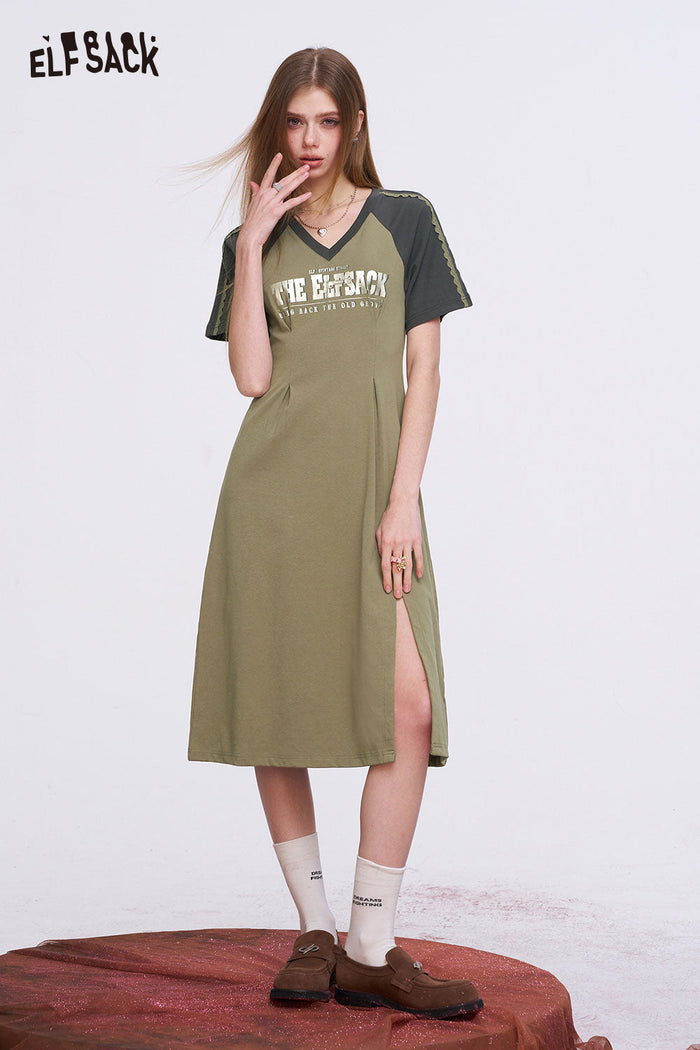 ELFSACK Retro Sporty Midi Dress with Raglan Sleeves