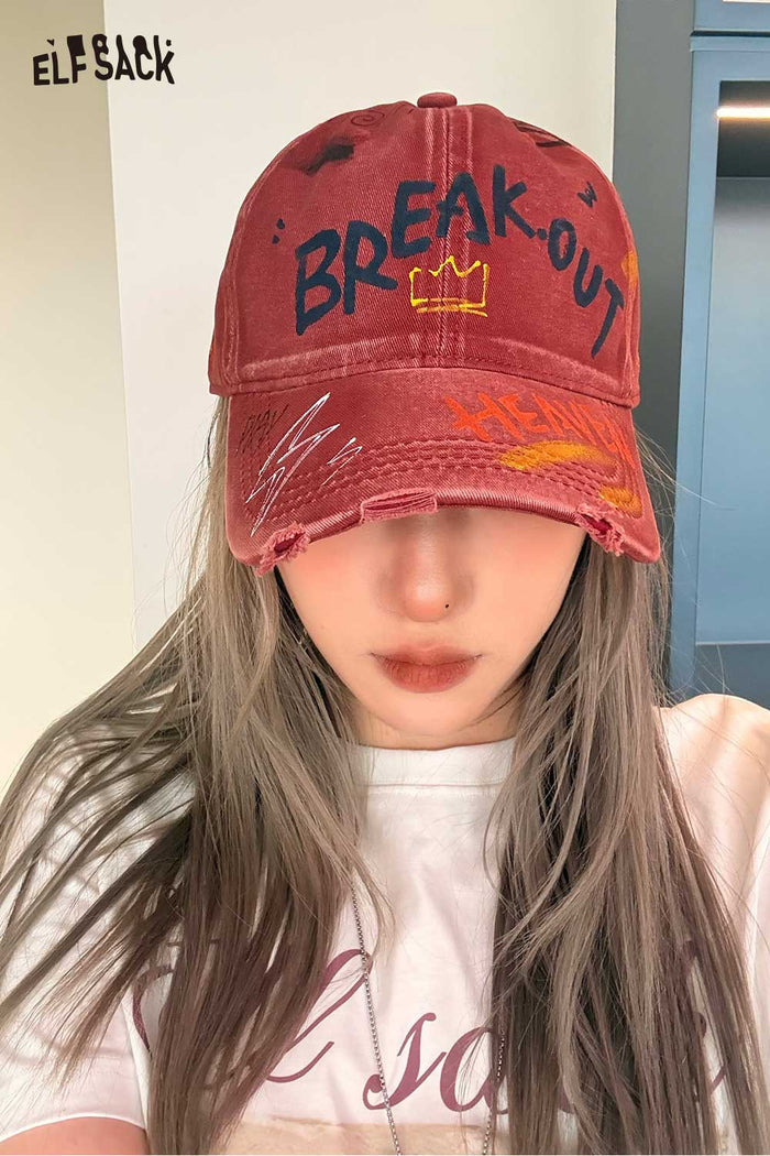 ELFSACK Retro Street Washed Distressed Denim Baseball Cap Letter Print Fashion