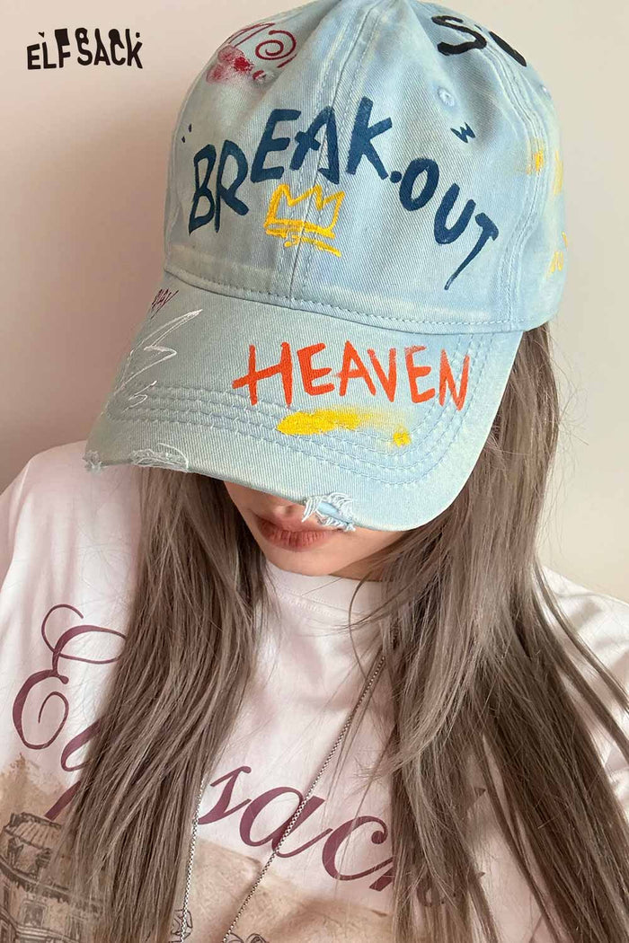 ELFSACK Retro Street Washed Distressed Denim Baseball Cap Letter Print Fashion
