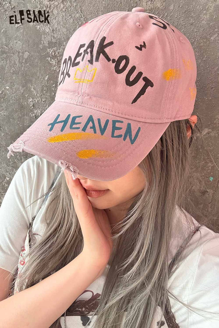 ELFSACK Retro Street Washed Distressed Denim Baseball Cap Letter Print Fashion