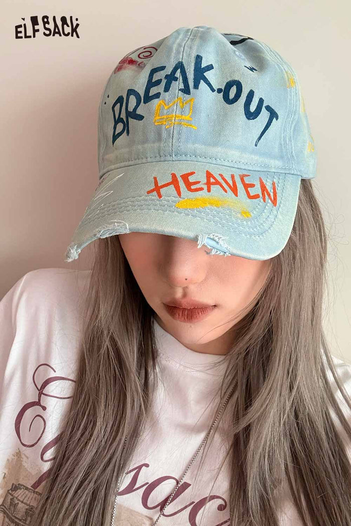 ELFSACK Retro Street Washed Distressed Denim Baseball Cap Letter Print Fashion