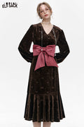 ELFSACK Retro Velvet Detachable Bowknot V-Neck Long Dress Women
