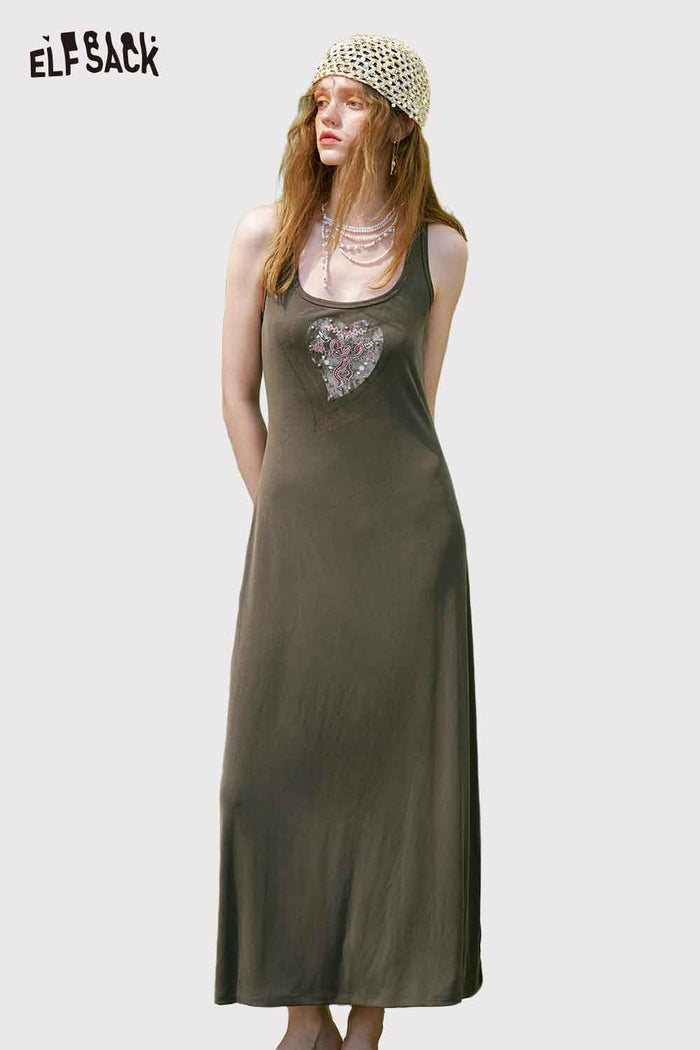 ELFSACK Rhinestone Heart Bodycon Maxi Dress