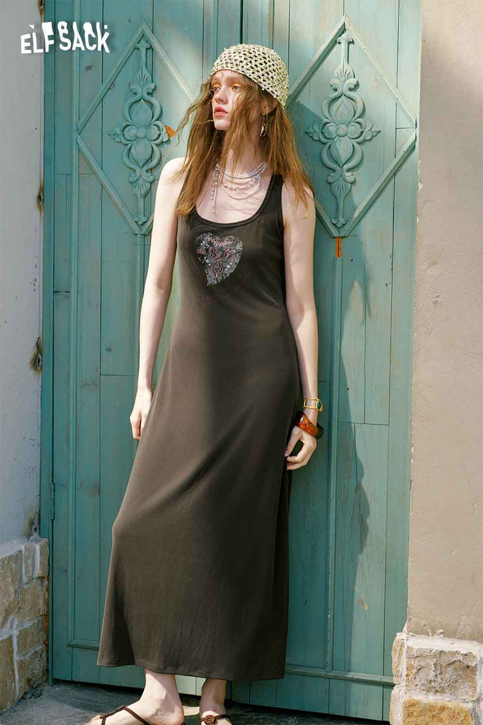 ELFSACK Rhinestone Heart Bodycon Maxi Dress
