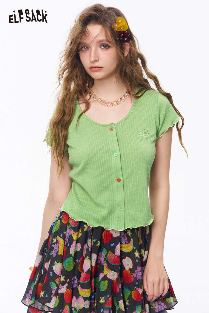 ELFSACK Ribbed Knit Ruffle Crop Tee