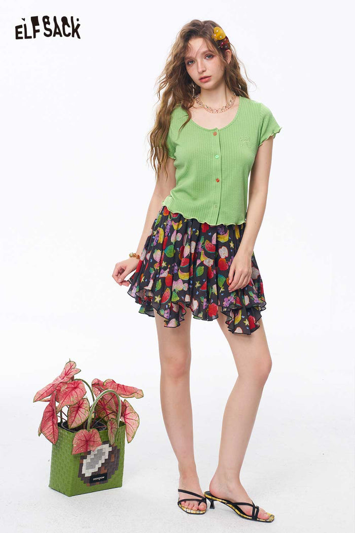 ELFSACK Ribbed Knit Ruffle Crop Tee