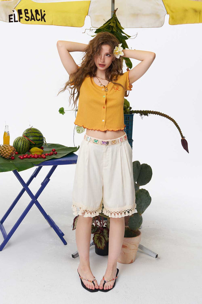 ELFSACK Ribbed Knit Ruffle Crop Tee