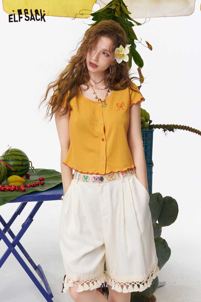 ELFSACK Ribbed Knit Ruffle Crop Tee