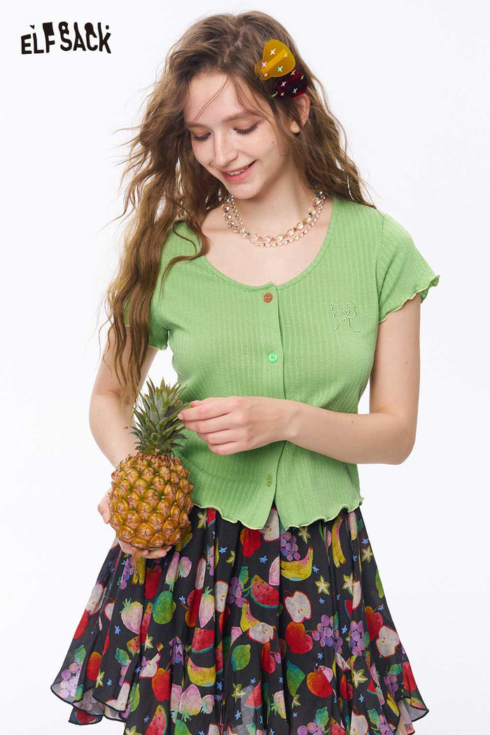 ELFSACK Ribbed Knit Ruffle Crop Tee