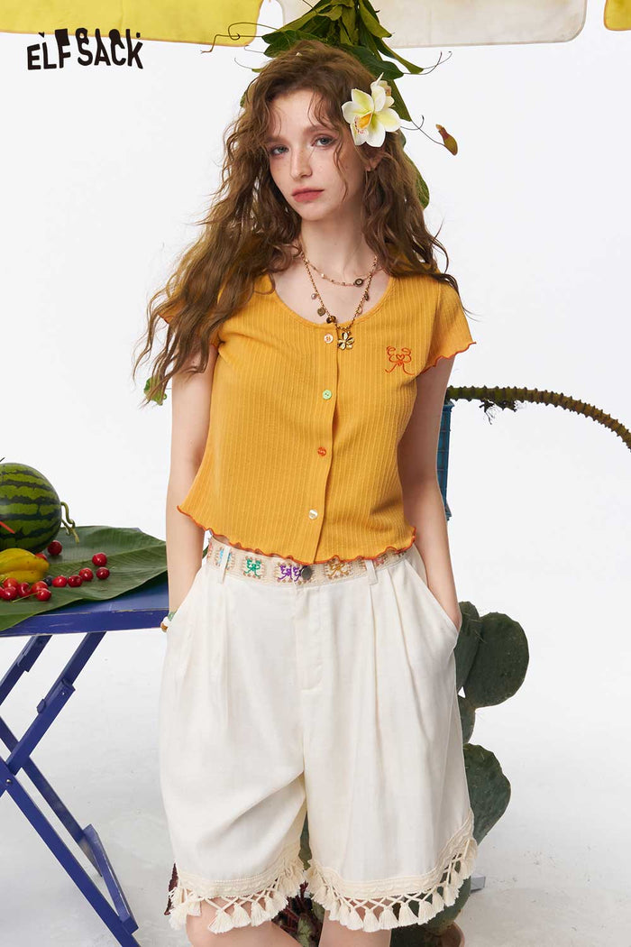 ELFSACK Ribbed Knit Ruffle Crop Tee