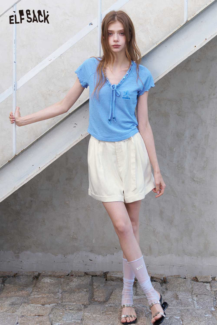ELFSACK Ribbed Knit Tie V Neck Blue Tee