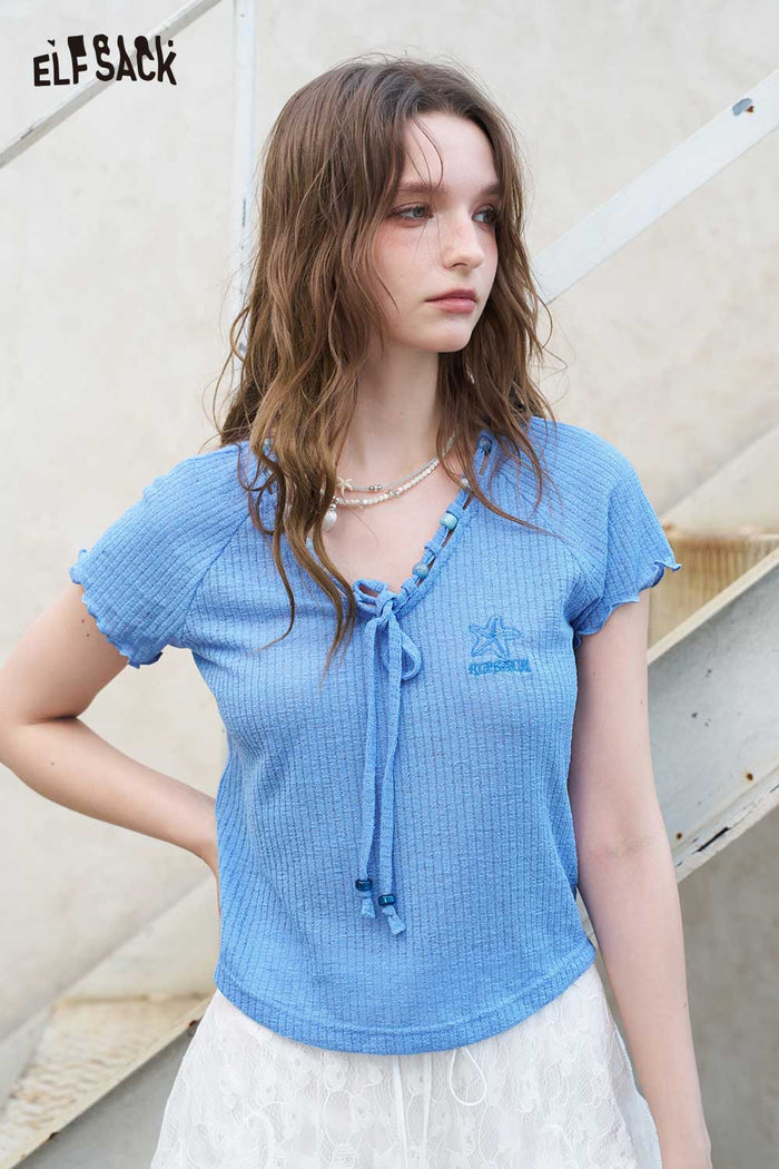 ELFSACK Ribbed Knit Tie V Neck Blue Tee