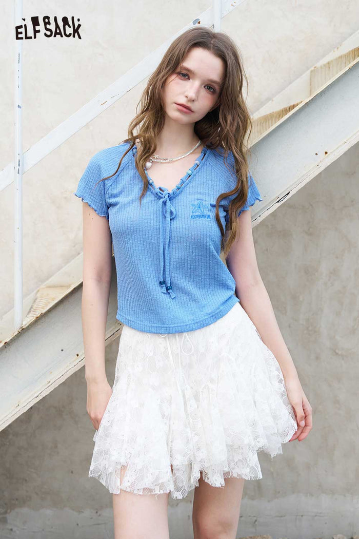 ELFSACK Ribbed Knit Tie V Neck Blue Tee