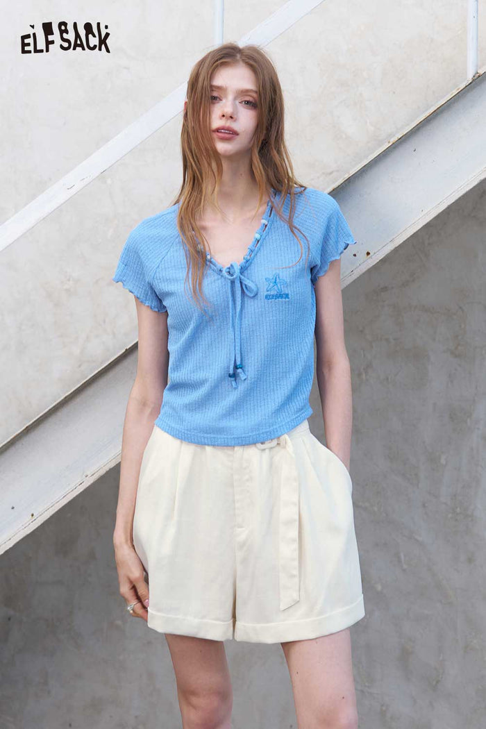 ELFSACK Ribbed Knit Tie V Neck Blue Tee