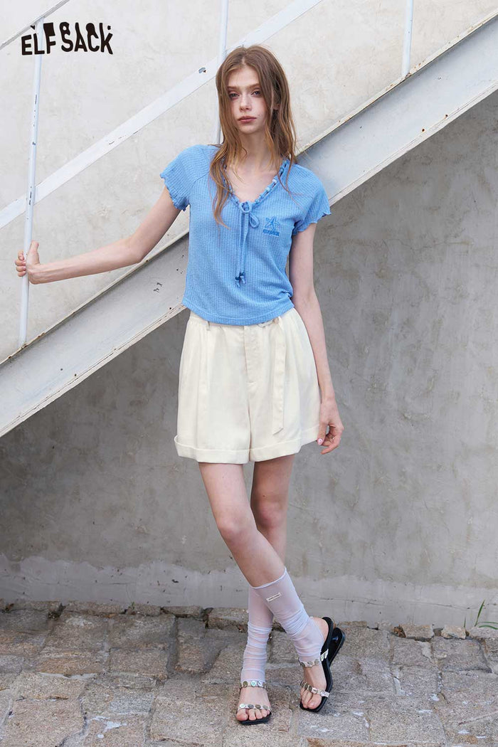 ELFSACK Ribbed Knit Tie V Neck Blue Tee