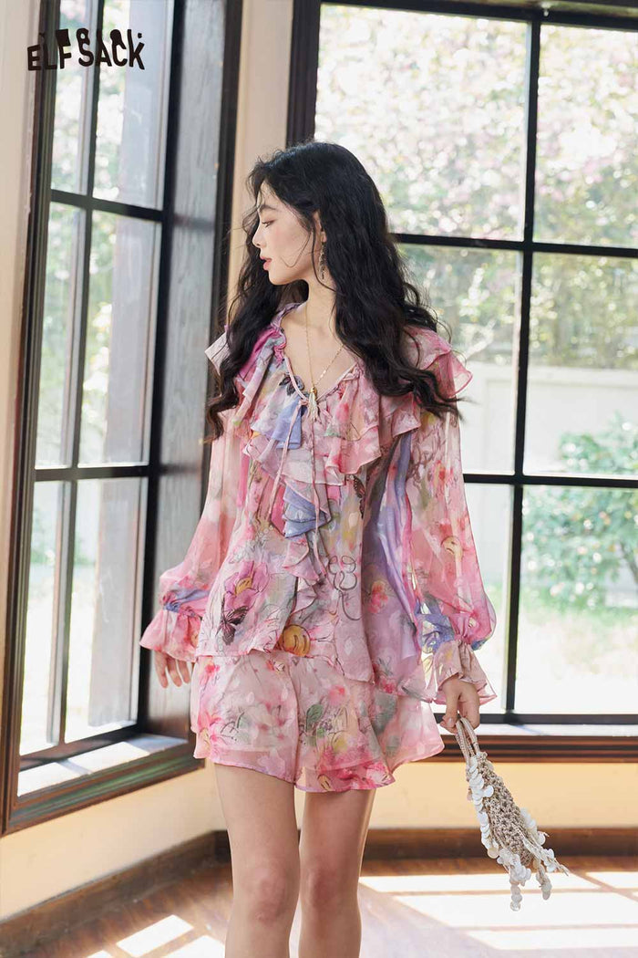 ELFSACK Rich Flower Ombre Ruffle 2 Piece Set