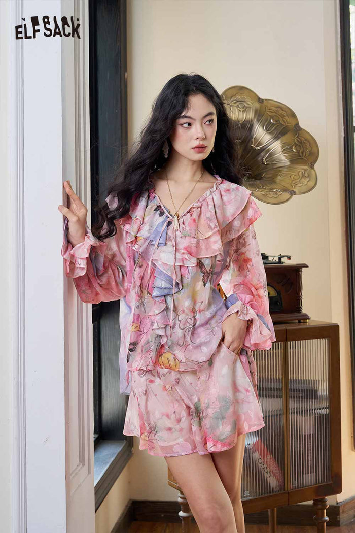 ELFSACK Rich Flower Ombre Ruffle 2 Piece Set