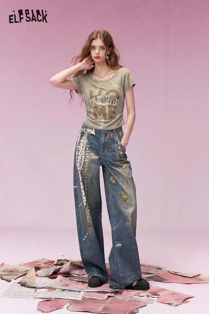 ELFSACK Rivet Trim Letter Print Ribbed Tee