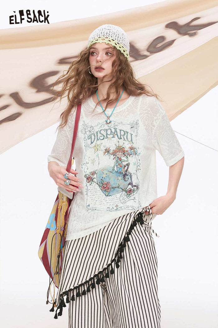 ELFSACK Rose Frame Cartoon Girl Jacquard Tee