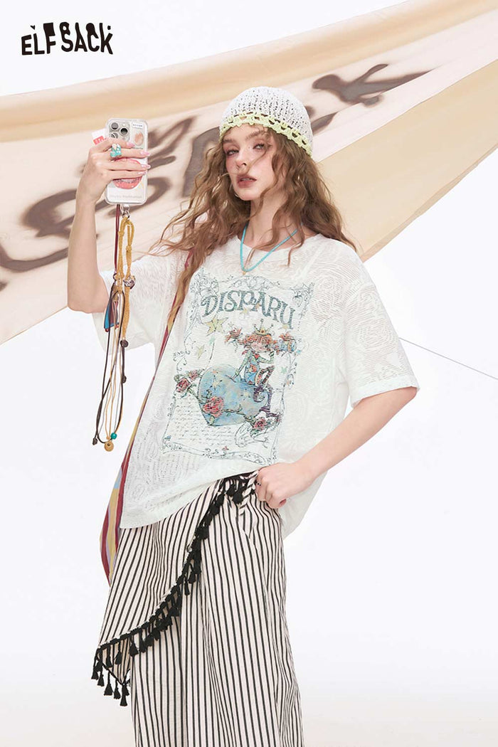 ELFSACK Rose Frame Cartoon Girl Jacquard Tee