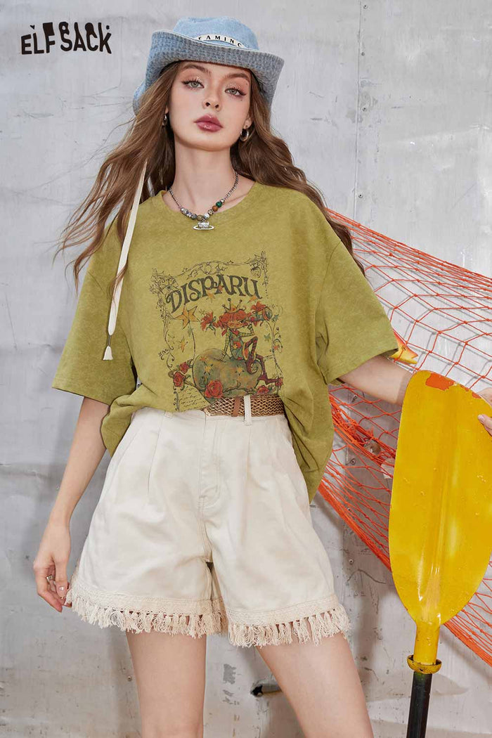 ELFSACK Rose Frame Cartoon Girl Oversized Tee
