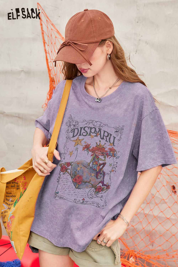 ELFSACK Rose Frame Cartoon Girl Oversized Tee