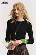 Round Neck Long Sleeve Contrast Cuffs Chest Graphic Knit Top