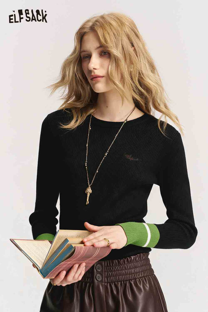 Round Neck Long Sleeve Contrast Cuffs Chest Graphic Knit Top