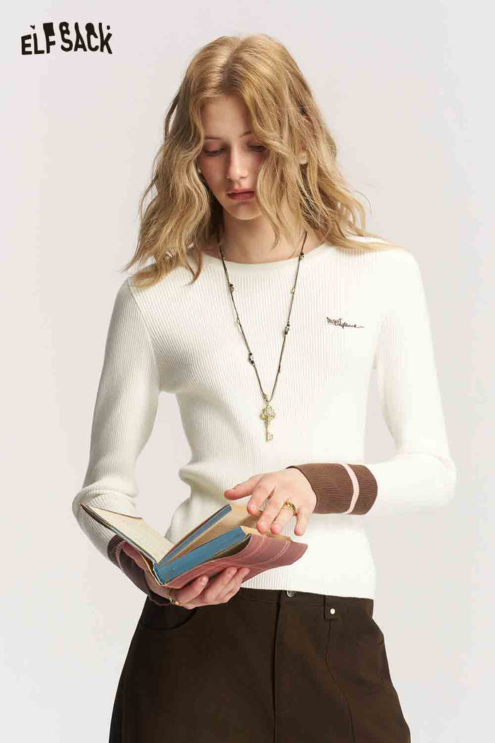 Round Neck Long Sleeve Contrast Cuffs Chest Graphic Knit Top