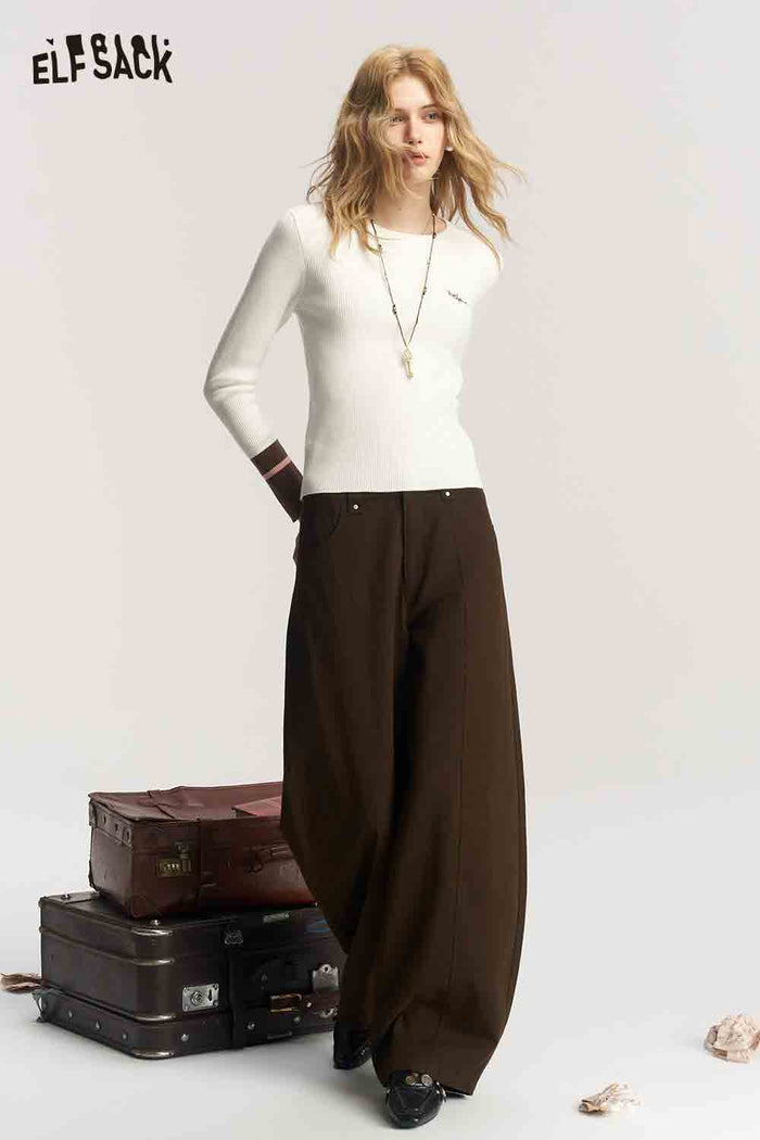 Round Neck Long Sleeve Contrast Cuffs Chest Graphic Knit Top