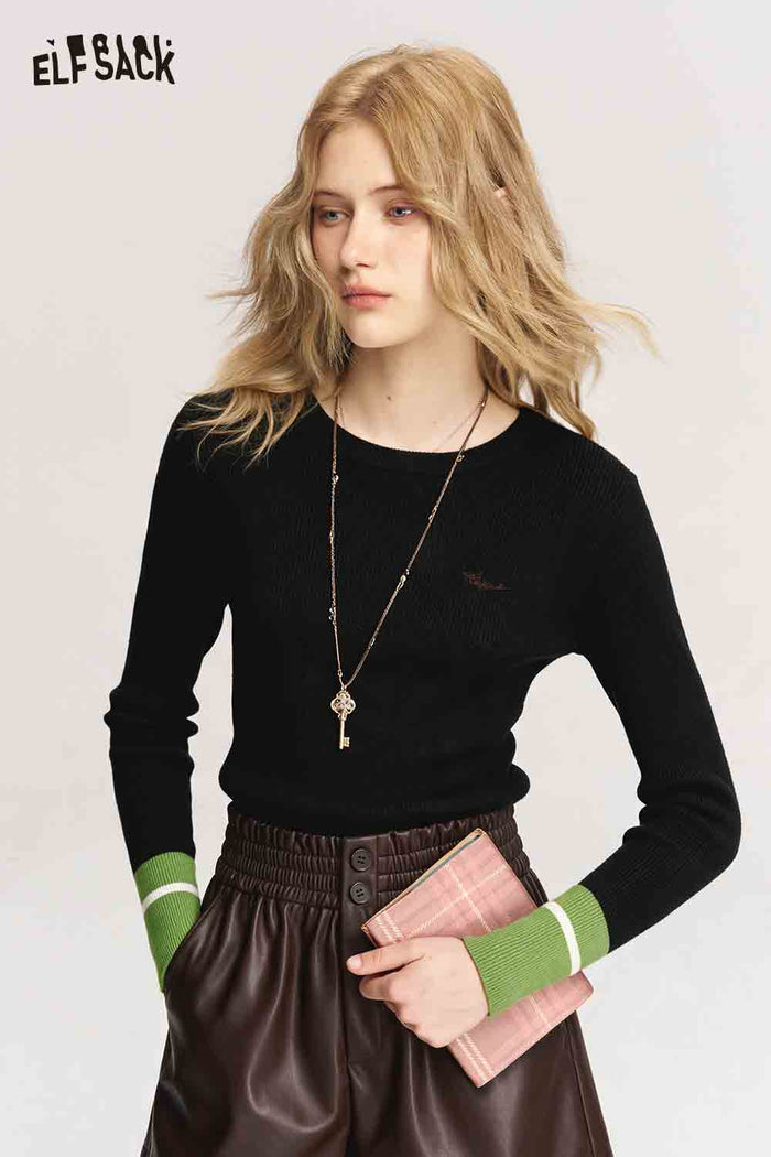 Round Neck Long Sleeve Contrast Cuffs Chest Graphic Knit Top