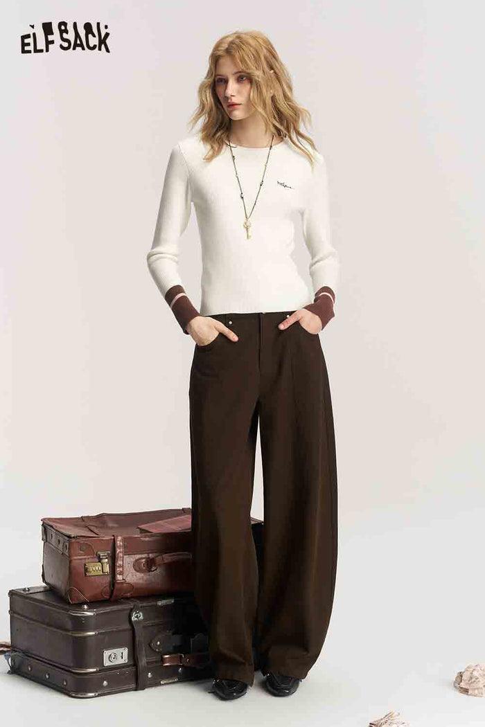 Round Neck Long Sleeve Contrast Cuffs Chest Graphic Knit Top