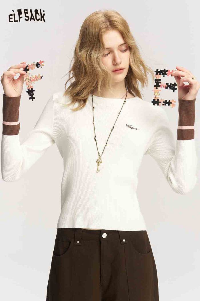 Round Neck Long Sleeve Contrast Cuffs Chest Graphic Knit Top