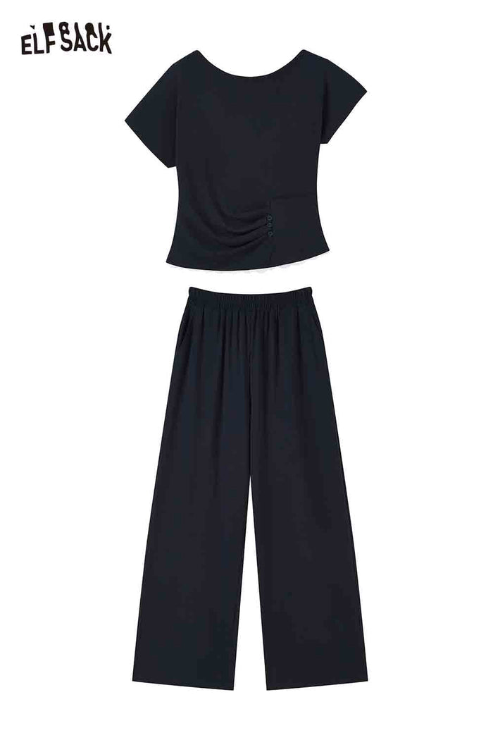 ELFSACK Ruched Lace Trim Top and Wide Leg Pants Set