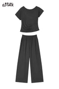 ELFSACK Ruched Lace Trim Top and Wide Leg Pants Set