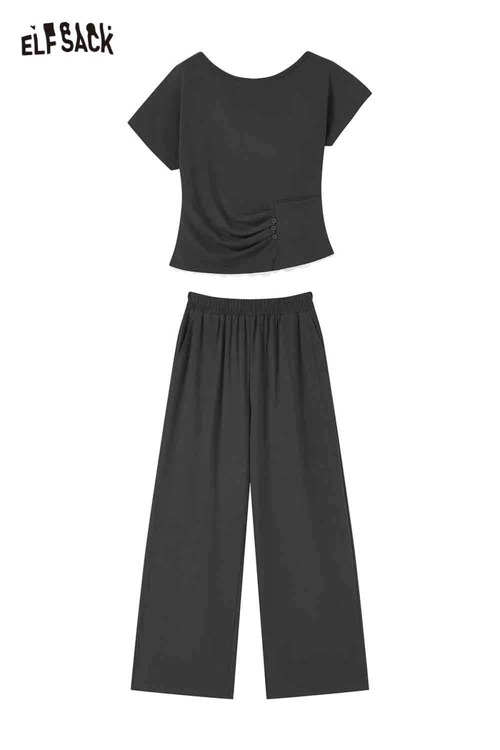 ELFSACK Ruched Lace Trim Top and Wide Leg Pants Set