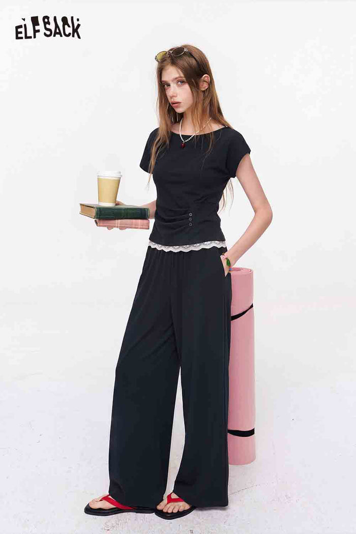 ELFSACK Ruched Lace Trim Top and Wide Leg Pants Set