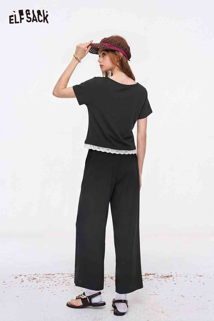 ELFSACK Ruched Lace Trim Top and Wide Leg Pants Set