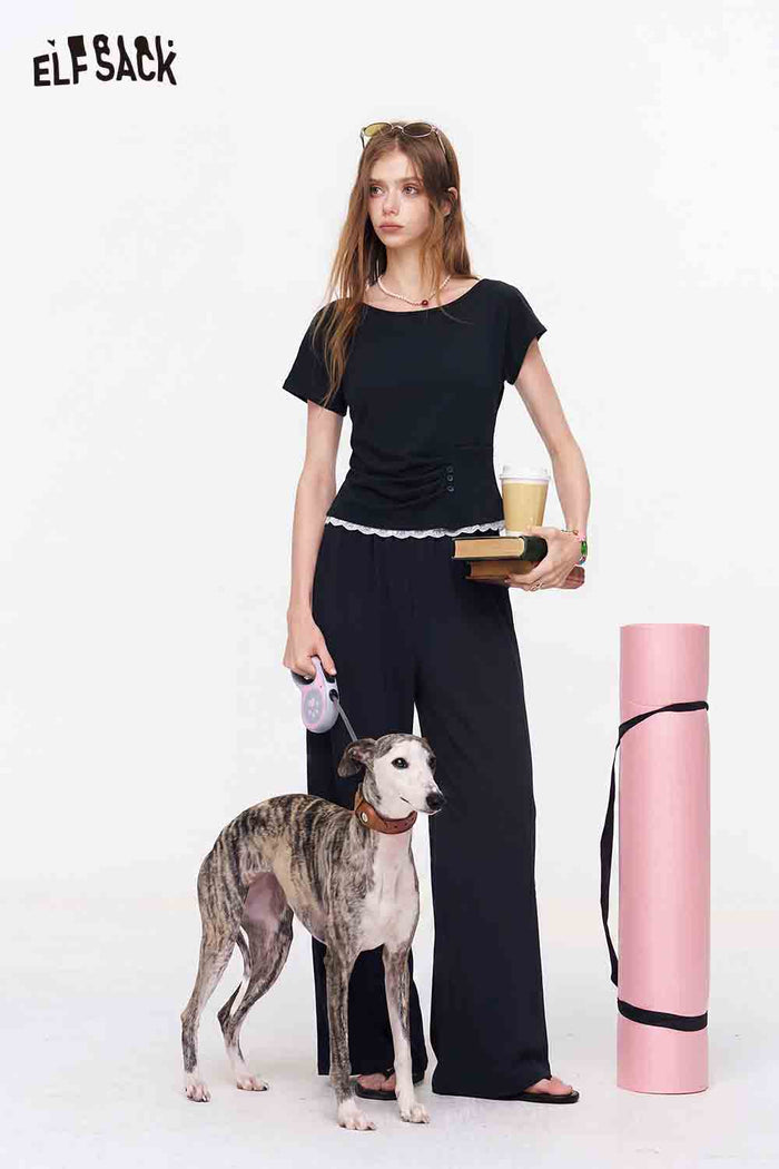 ELFSACK Ruched Lace Trim Top and Wide Leg Pants Set