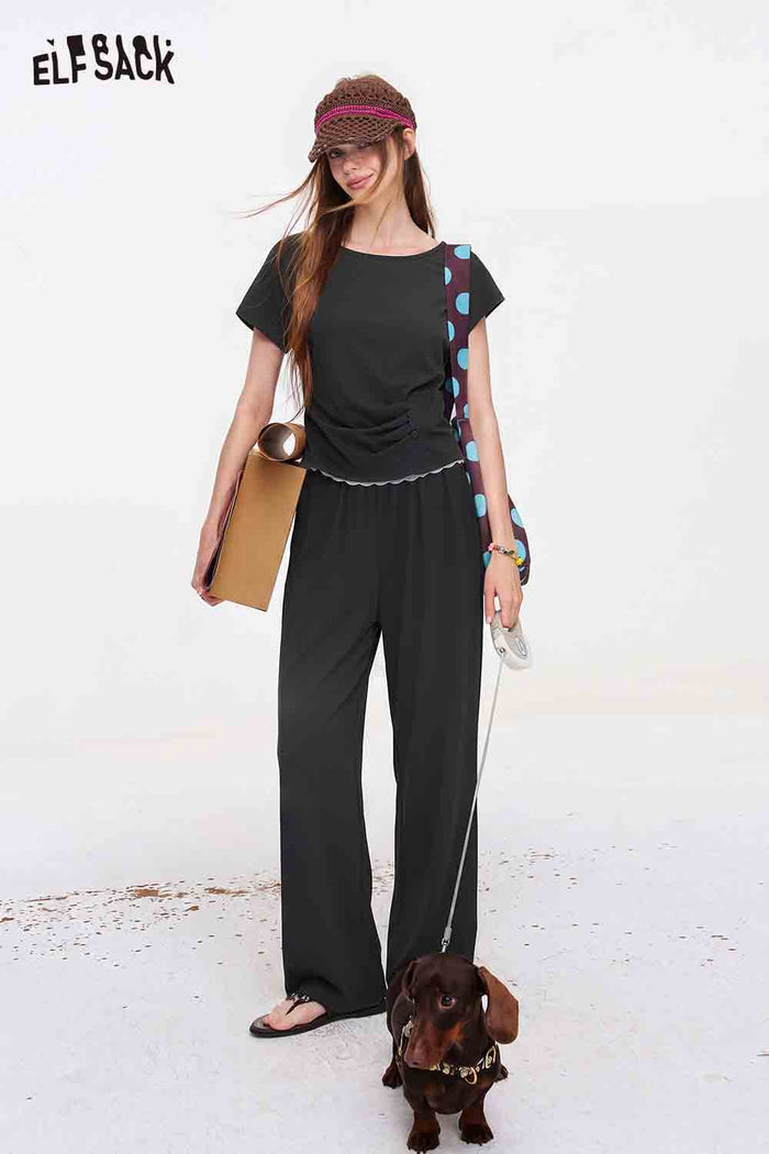 ELFSACK Ruched Lace Trim Top and Wide Leg Pants Set