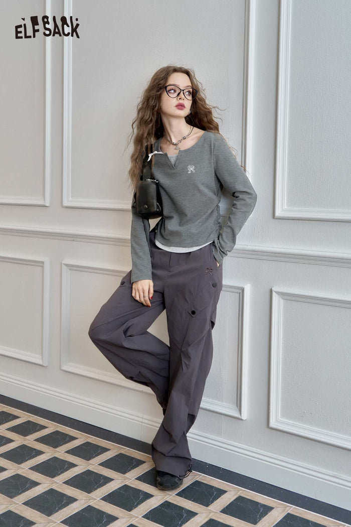 Ruched Long Sleeve Asymmetrical Neck Crop Tee