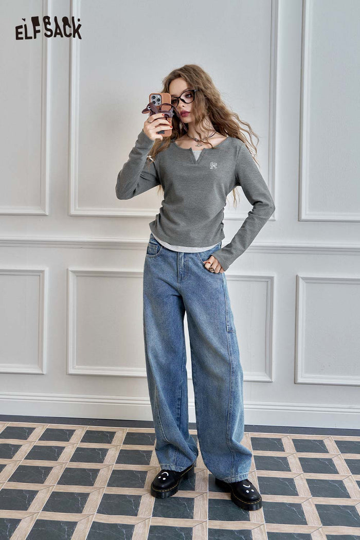 Ruched Long Sleeve Asymmetrical Neck Crop Tee
