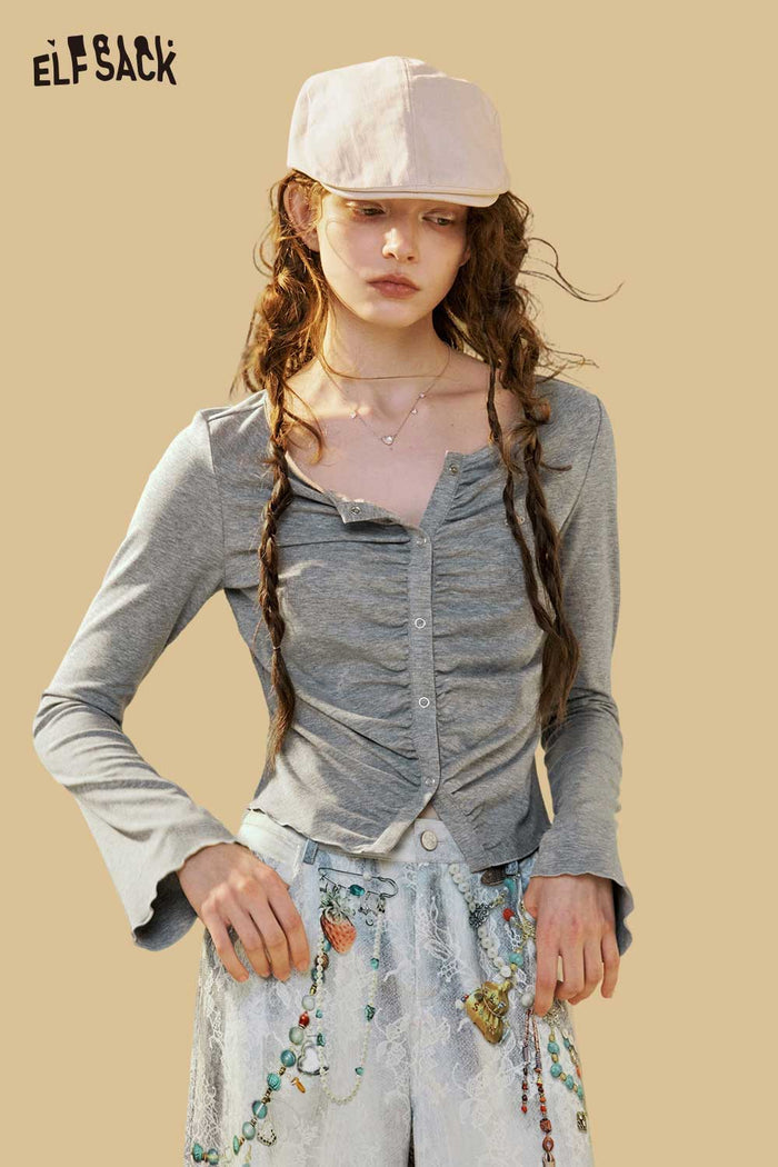 ELFSACK Ruched Long Sleeve Asymmetrical Tee