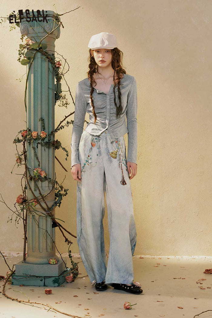 ELFSACK Ruched Long Sleeve Asymmetrical Tee