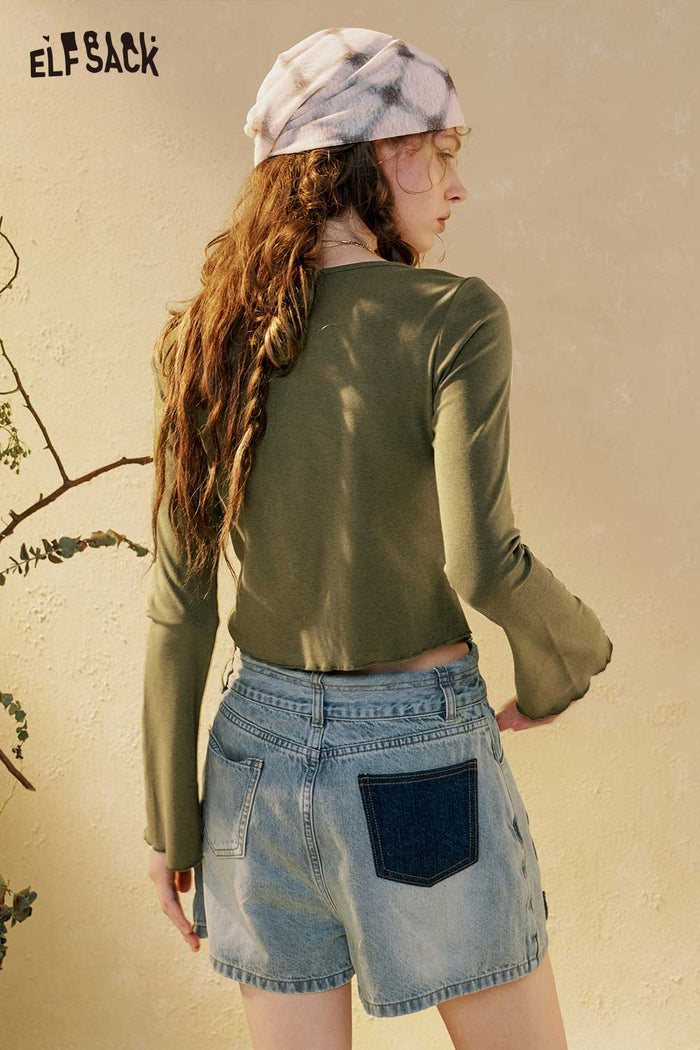 ELFSACK Ruched Long Sleeve Asymmetrical Tee