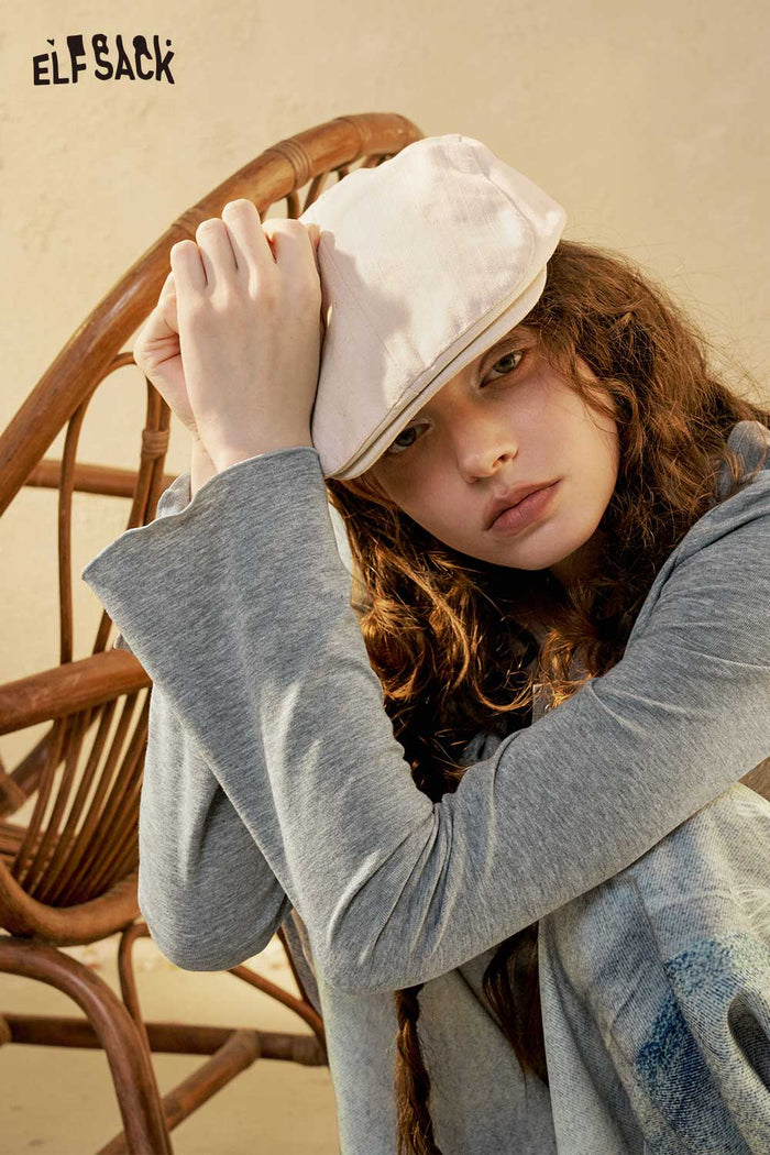 ELFSACK Ruched Long Sleeve Asymmetrical Tee