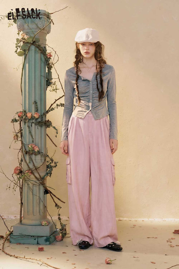 ELFSACK Ruched Long Sleeve Asymmetrical Tee