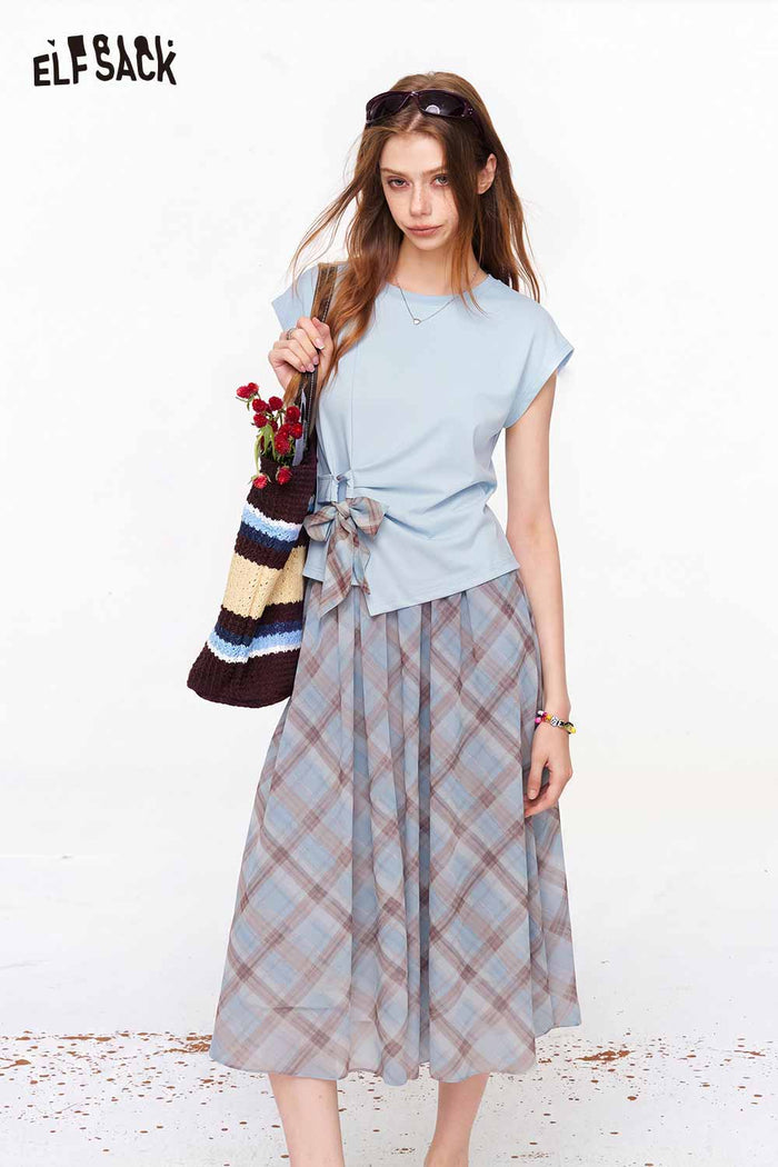 ELFSACK Ruched Top and Plaid Skirt Set